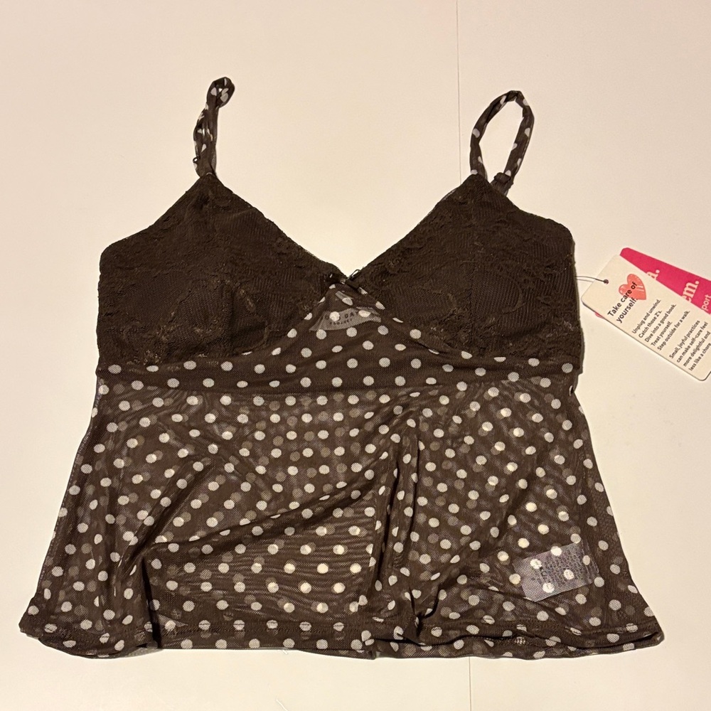 Brown Polka Dot Lace Trim Blouse